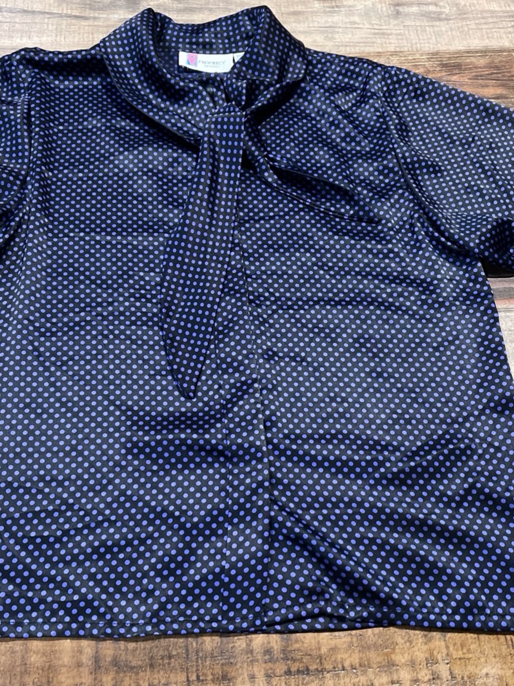 Prophecy Petites Black Blouse with Periwinkle Polka Dots